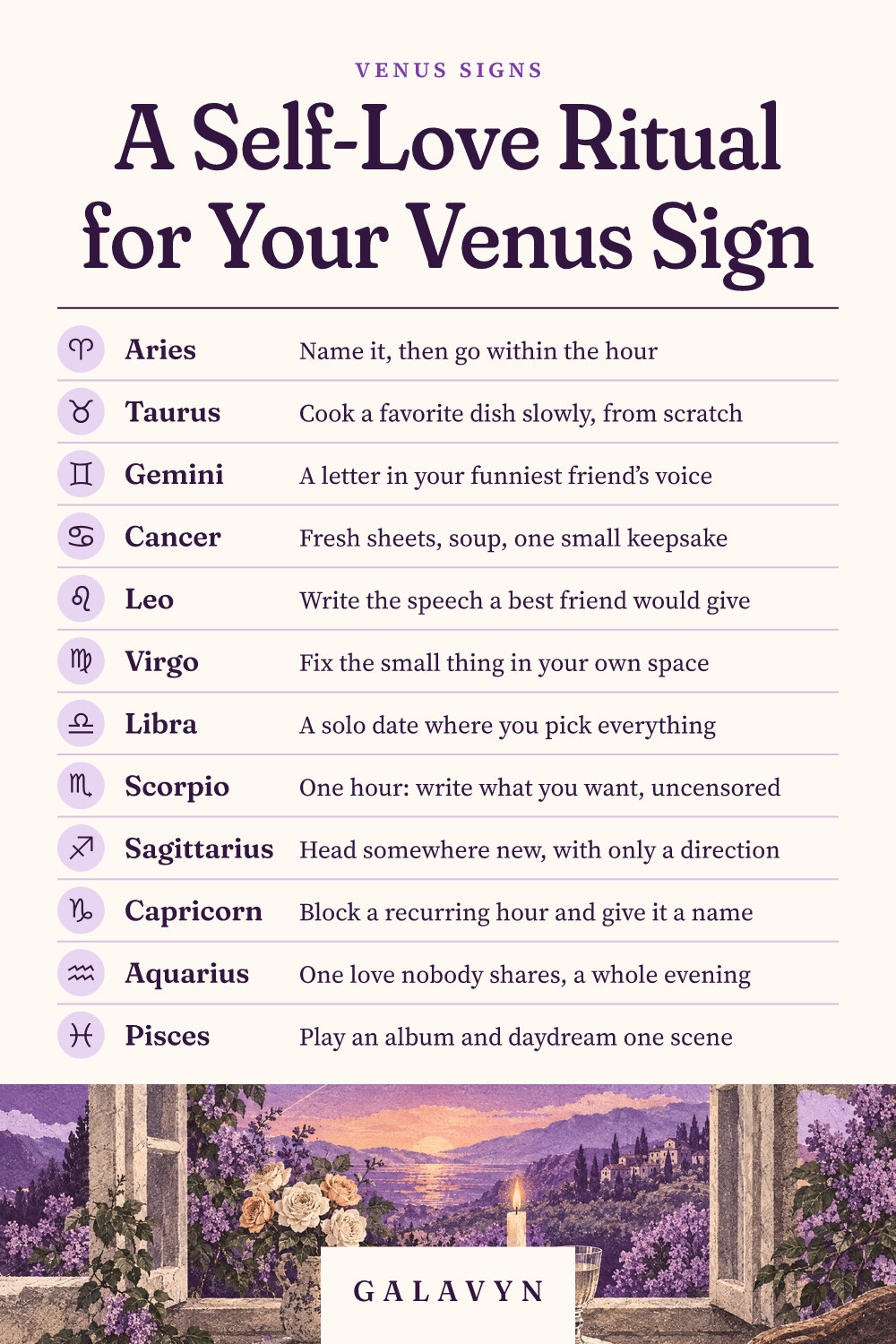Galavyn cheat sheet: A Self-Love Ritual for Your Venus Sign
