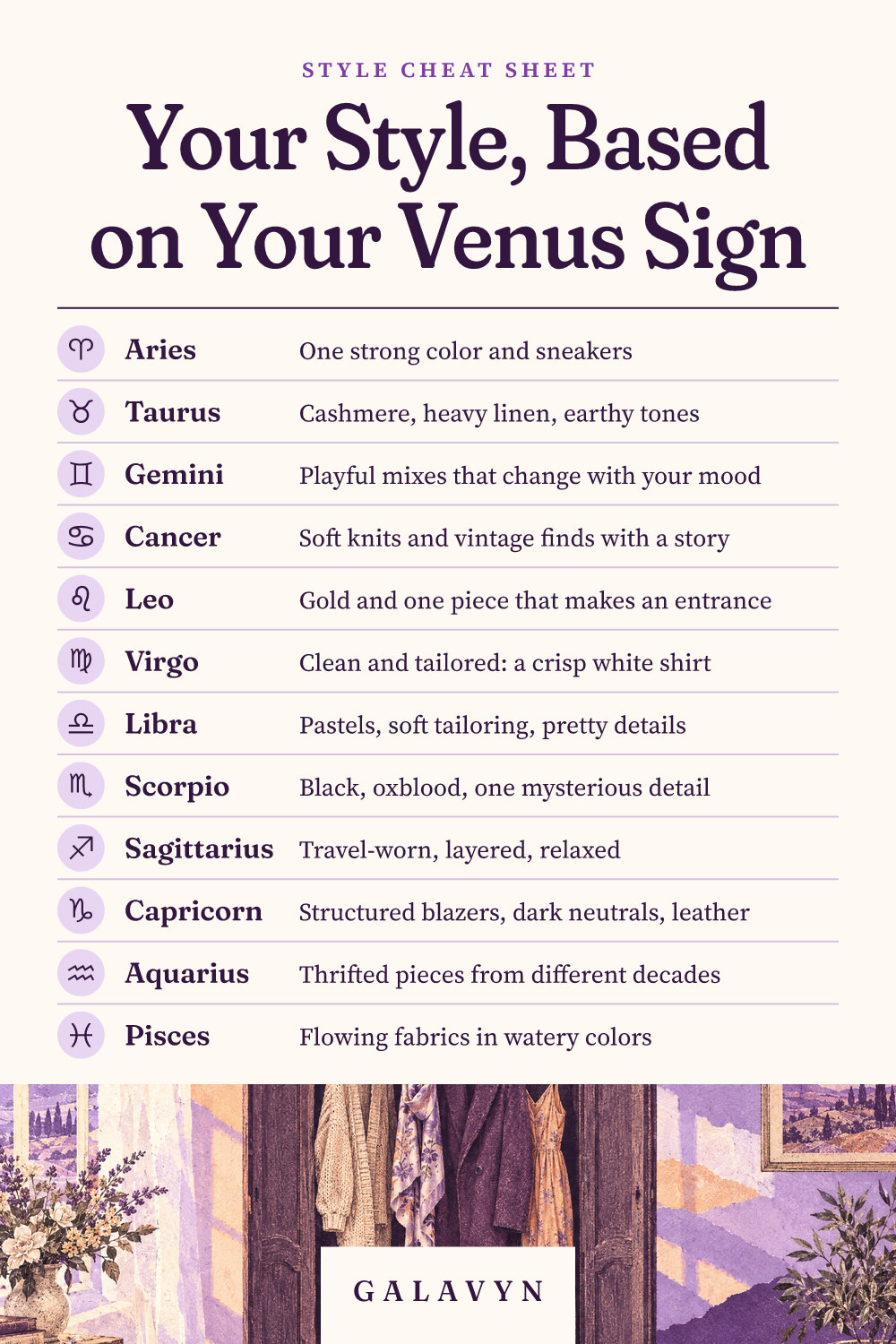 Galavyn cheat sheet: Your Style, Based on Your Venus Sign