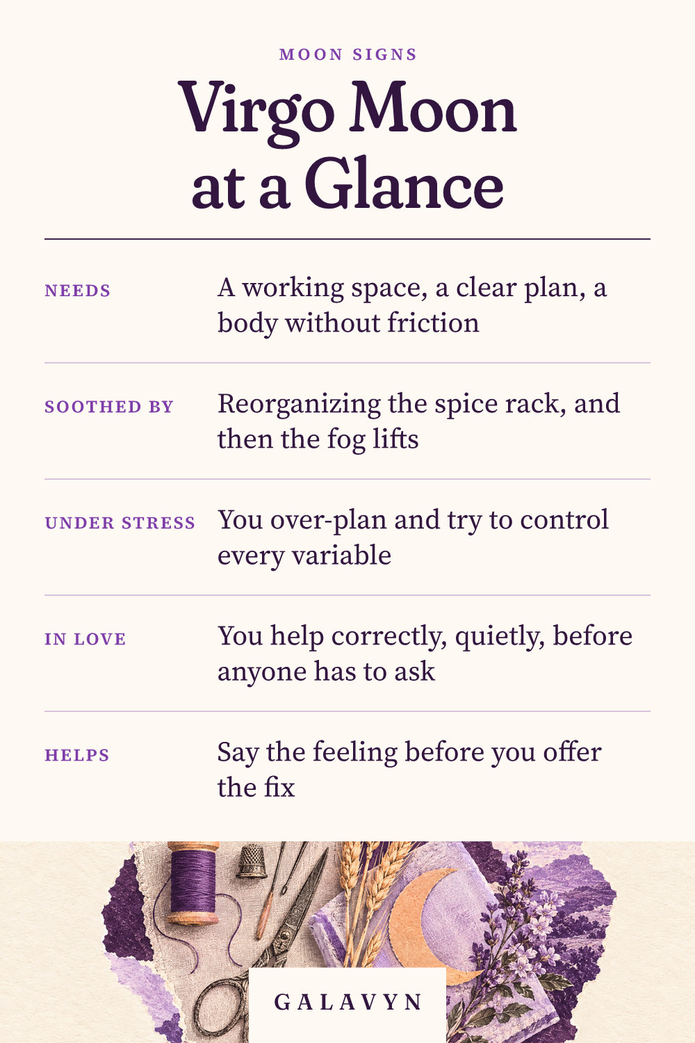 Galavyn cheat sheet: Virgo Moon at a Glance