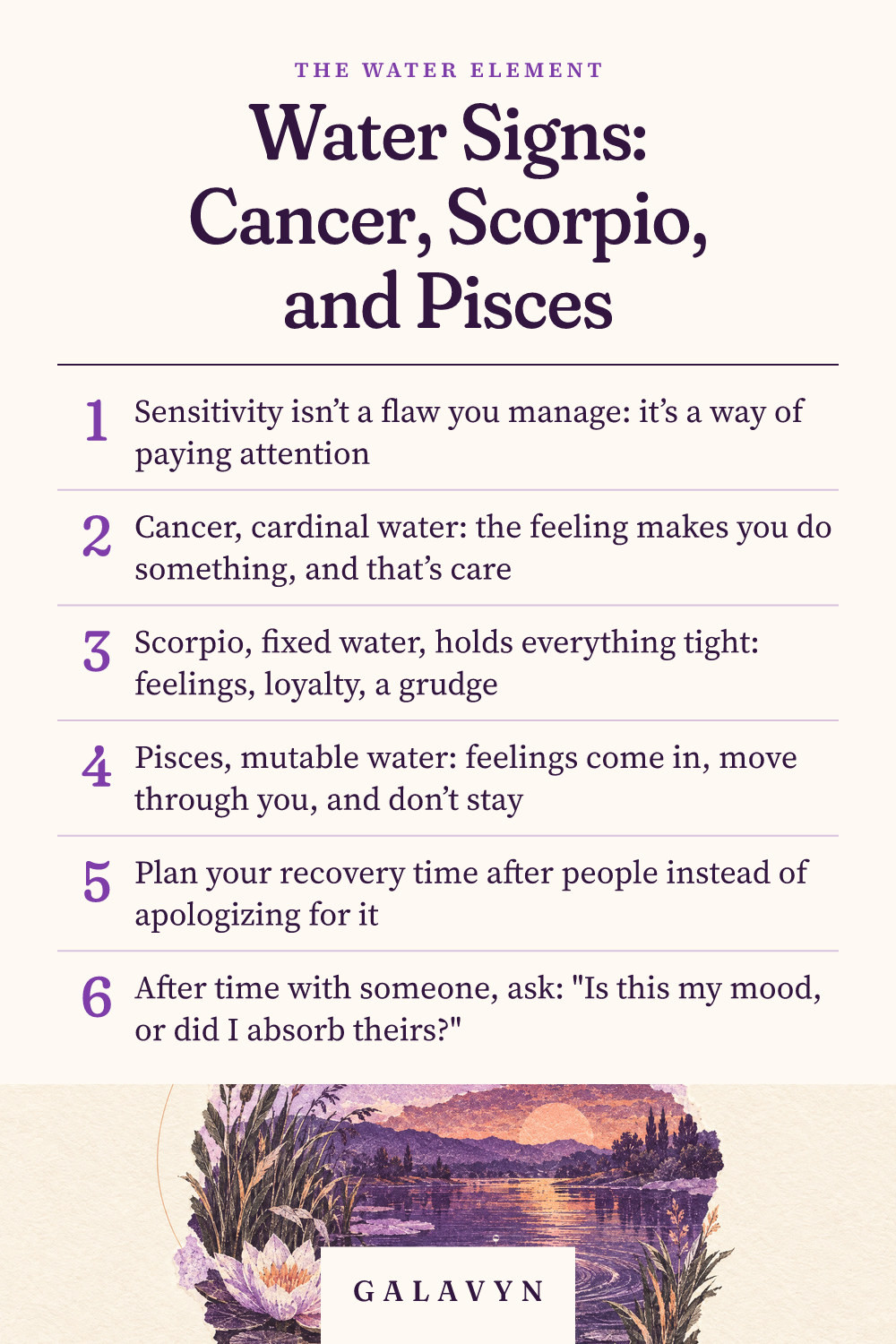 Galavyn cheat sheet: Water Signs: Cancer, Scorpio, and Pisces