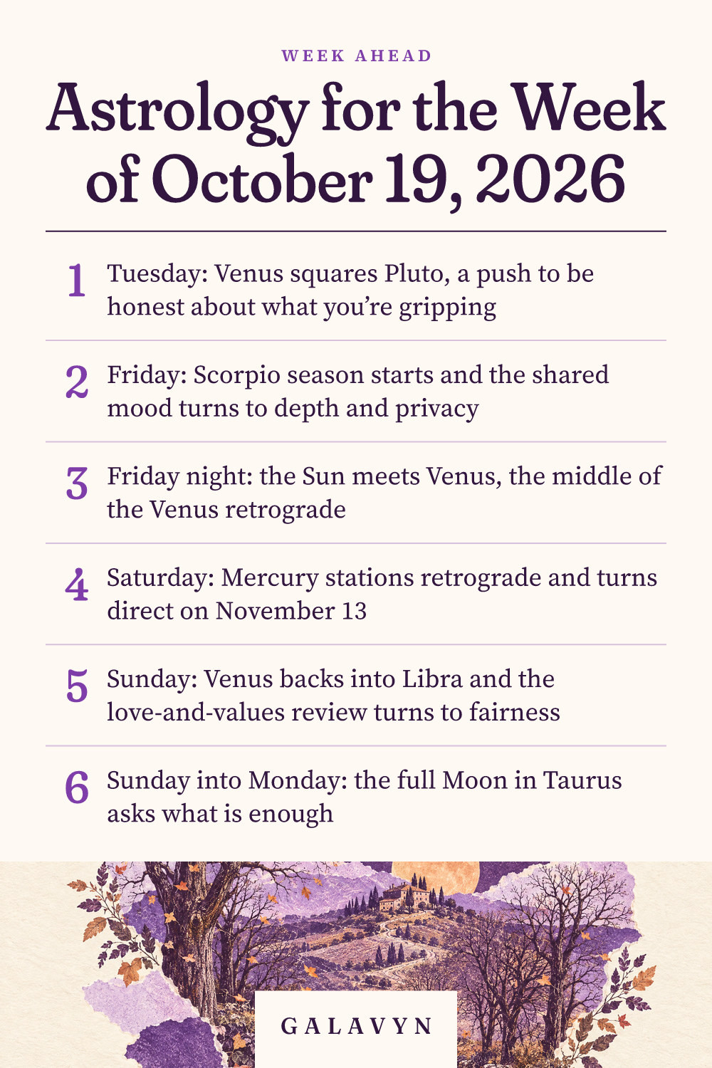 Galavyn cheat sheet: Astrology for the Week of October 19, 2026